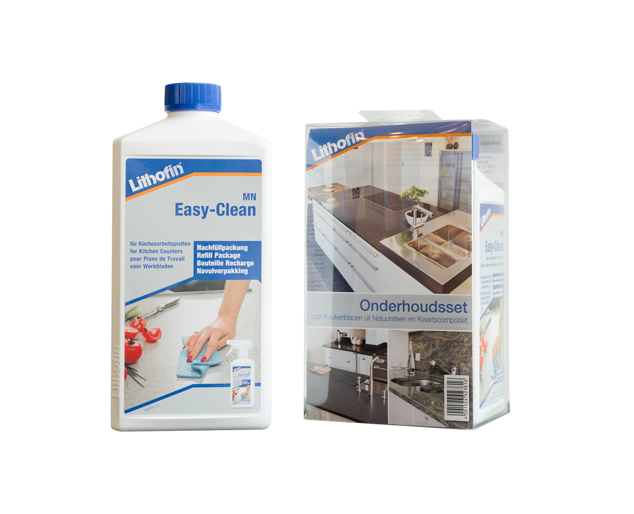 - Lithofin MN Vuiloplosser : voor het periodiek grondig reinigen en ontvetten van het werkblad.  - Lithofin MN Easy-Clean: voor het dagelijks reinigen en onderhouden van het werkblad.