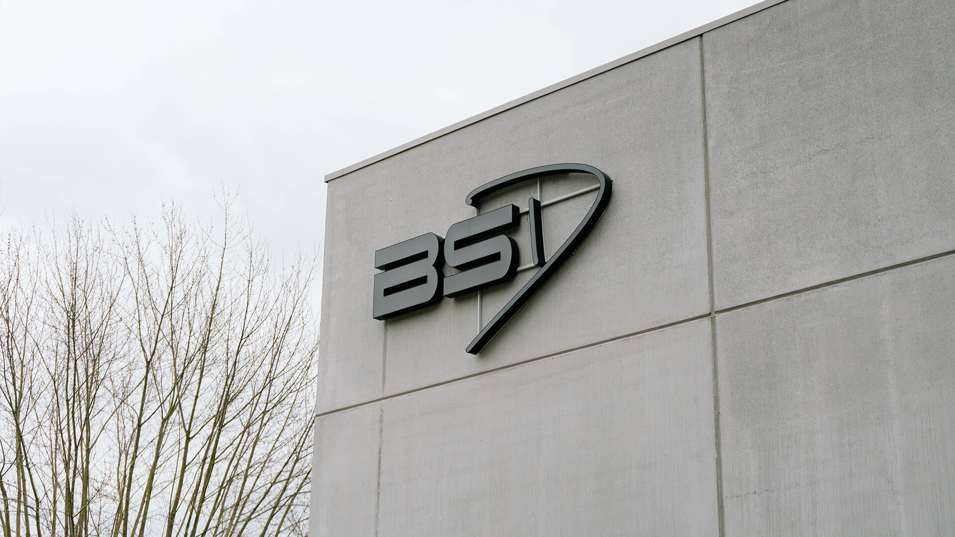 Zwart BSI-logo bevestigd aan een grijze muur van een gebouw met bomen op de achtergrond.